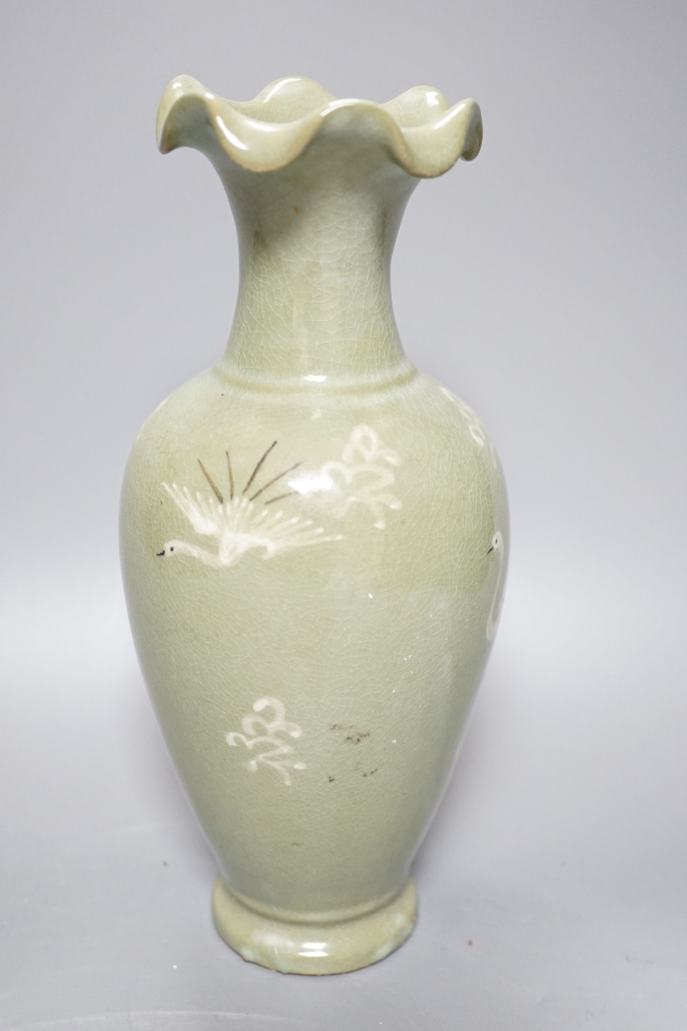 Mixed oriental wares including a Chinese arrow vase 32cm, ‘orean celadon vases and a Kutani type dish
